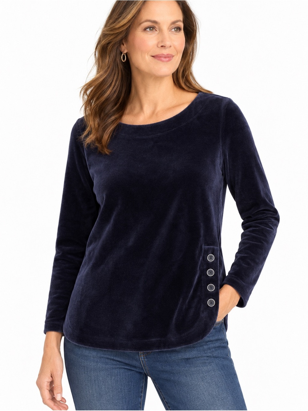 Talbots Petites Velour Pullover Top Navy Button Detail Size SP
